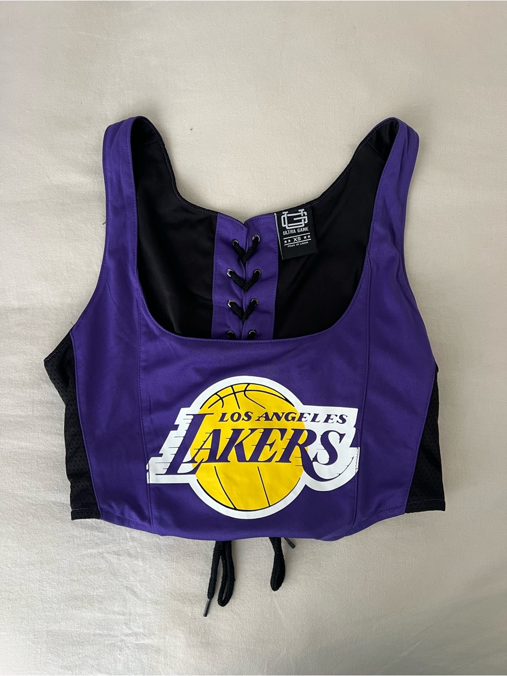 NBA Lakers Black and Purple Lace-Up Crop Corset Jersey with Yellow Number 48